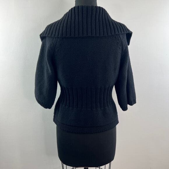 St. John Black Cardigan Sweater Wool Chunky Knit Shawl Collar 3/4 Raglan Sleeve - Picture 3 of 6